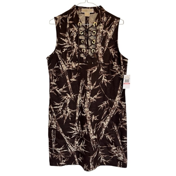 NWT Michael Kors lace up neckline Black and Brown linen Dress size 10 - Picture 1 of 5